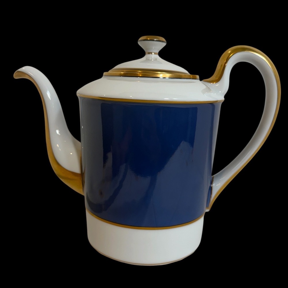 Fitz and Floyd Renaissance Blue Gold Trim Coffee Pot Porcelain Japan 1978 VTG